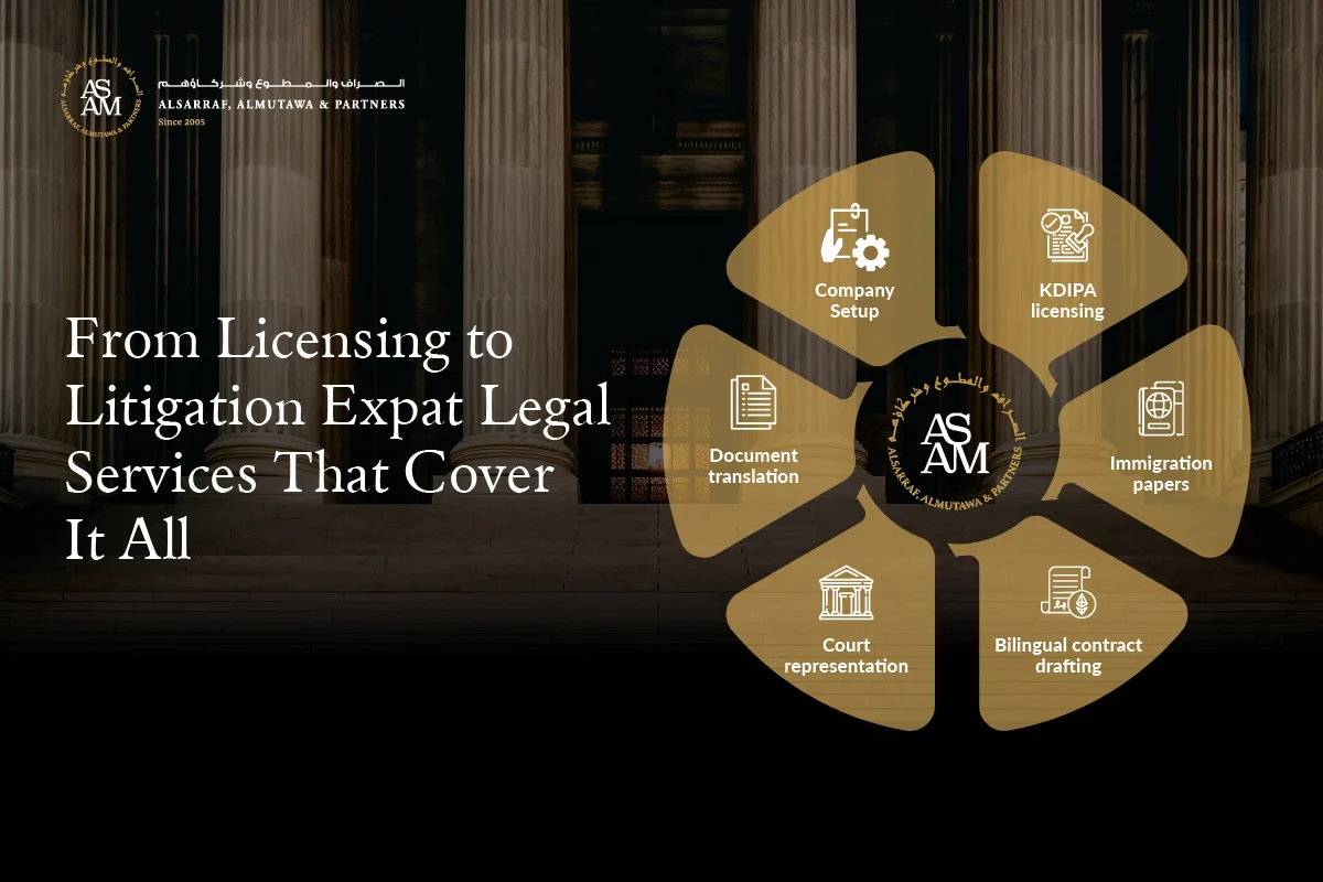 Expat legal services offered by Alsarraf, Almutawa & Partners, covering setup, licensing, immigration, translation, contracts, and court representation.