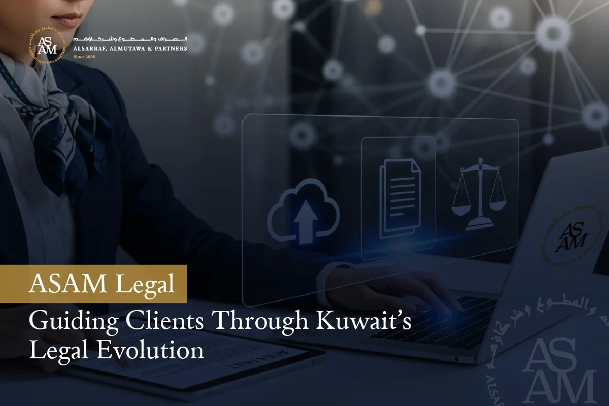 ASAM Legal guiding clients through Kuwait’s evolving legal landscape, with digital law icons in the background.