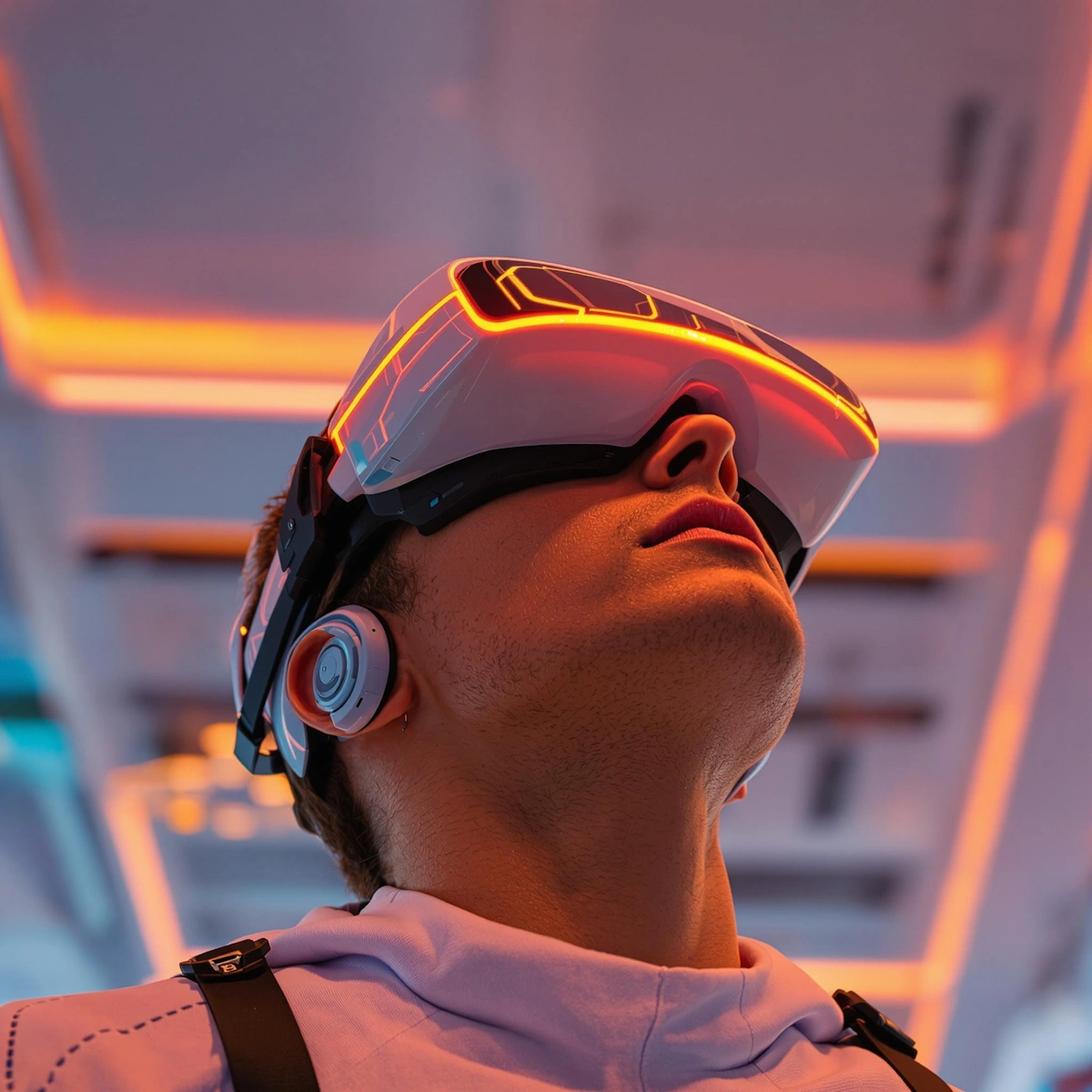 Person wearing VR goggles looking up