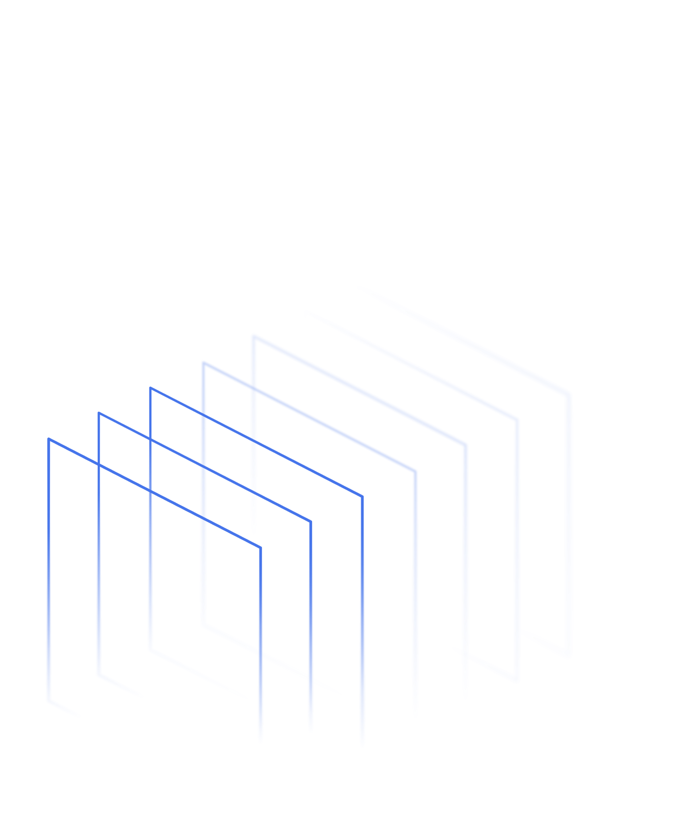 Abstract 3D illustration of six progressively larger blue wireframe rectangles arranged in a staggered, overlapping pattern.