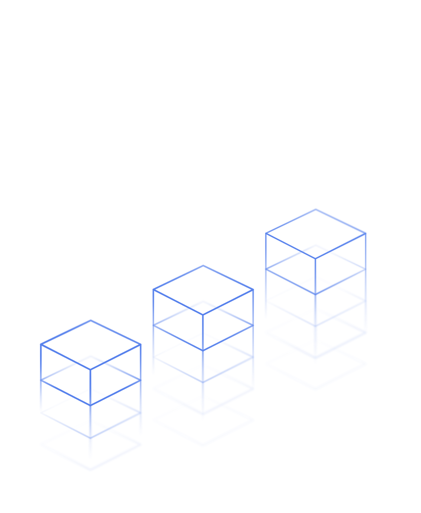 Three wireframe cube shapes in a row, each connected by blue lines, representing a digital or blockchain network concept.