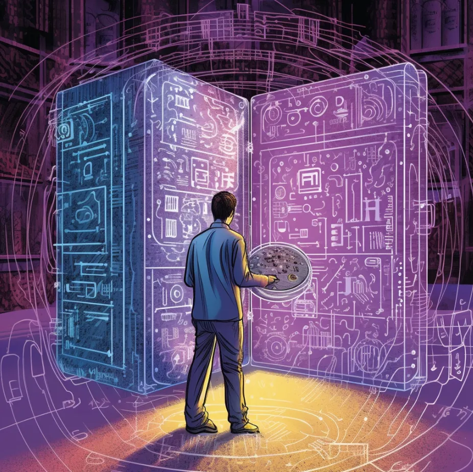 A cybersecurity algorithm written by a quantum computer, as imagined by Midjourney AI.