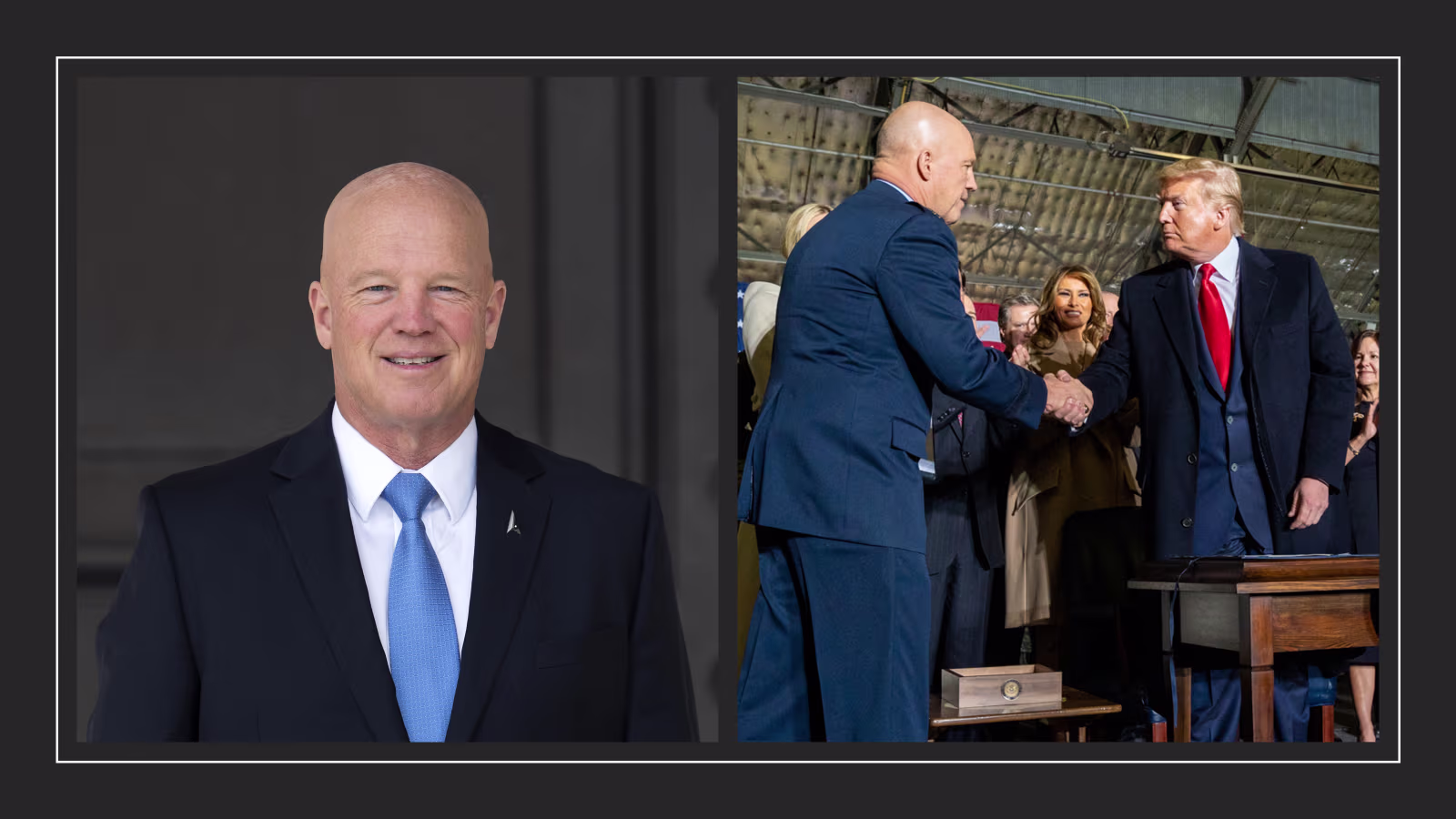 Photo Caption: President Donald J. Trump shakes General John W. “Jay” Raymond’s hand after being named the first Chief of Space Operations and first member of the United States Space Force]