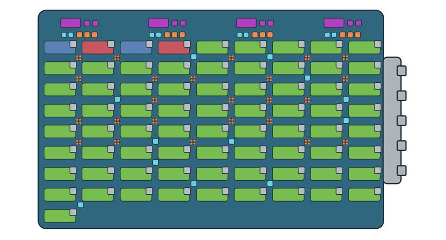 Full-scale layout of the proposed 19,397-qubit secp256k1 device, showing memory blocks, specialized state factories, measurement resources, frame-clearing blocks, and ion reservoirs.