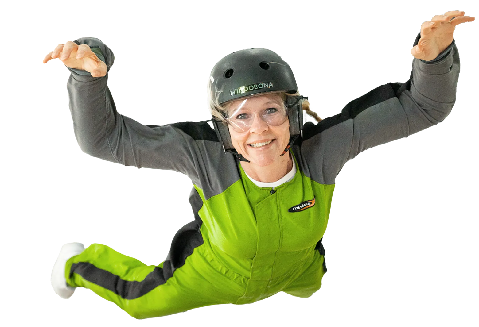 Smiling woman flying indoors