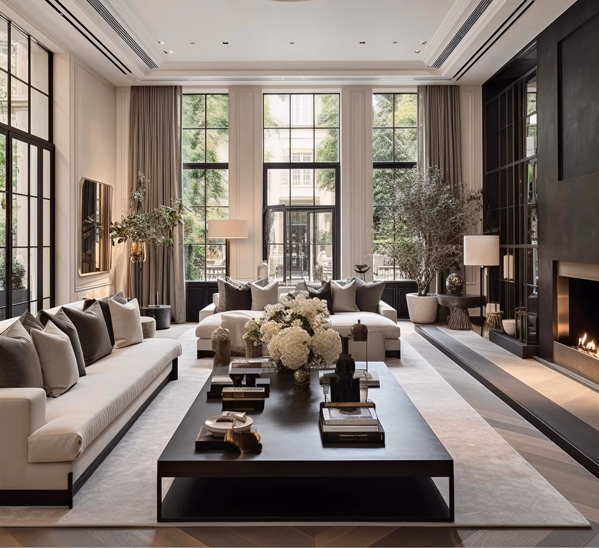 Modern living room with two cream sofas, black coffee table with flowers, large windows, and a fireplace.