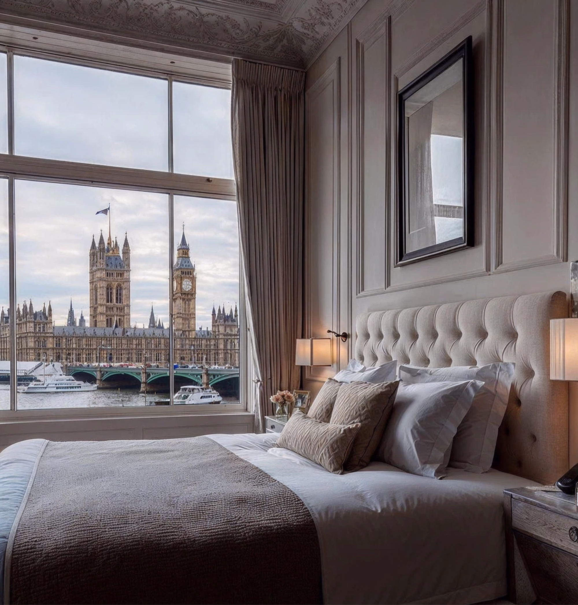 Bedroom with tufted headboard and neutral decor, featuring a large window view of the Houses of Parliament and Big Ben across the River Thames in London.