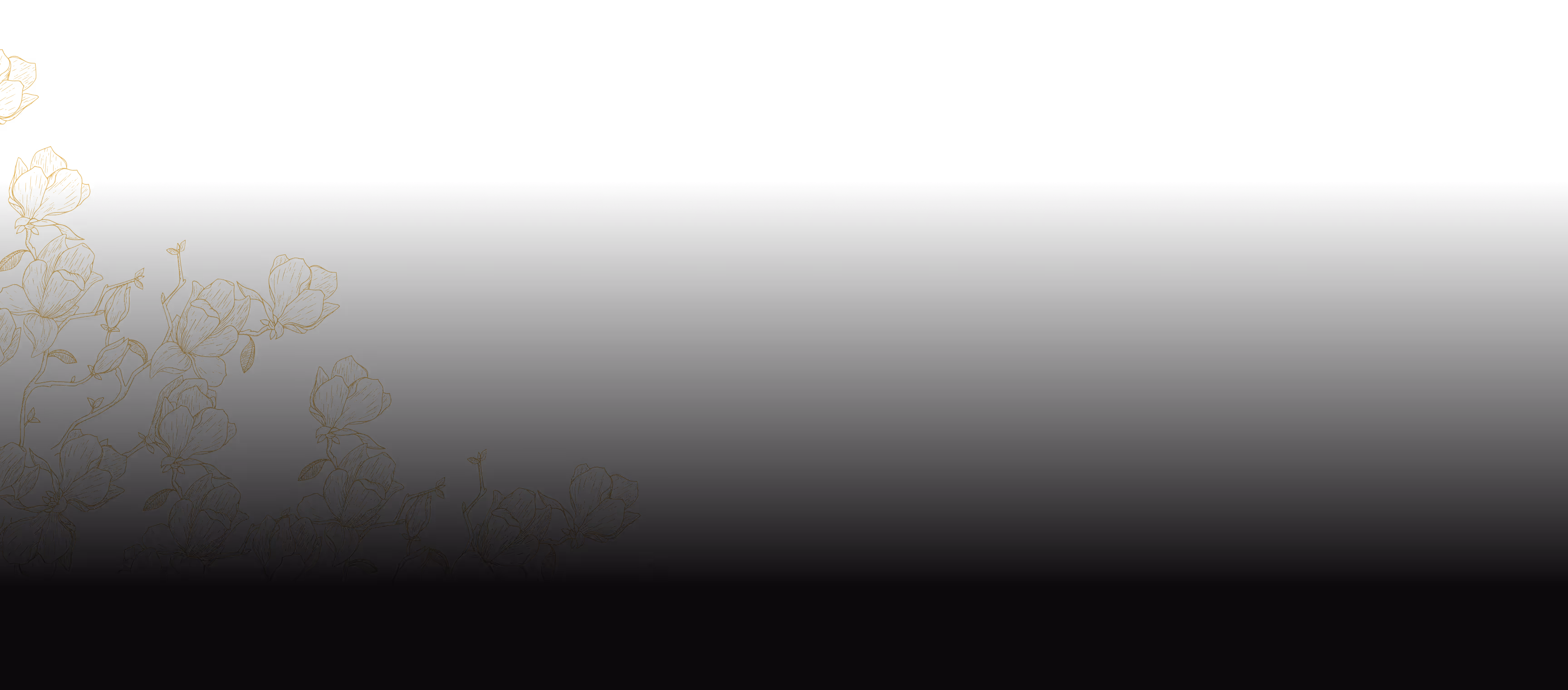 Black background with delicate gold line art flowers clustered in lower left corner.