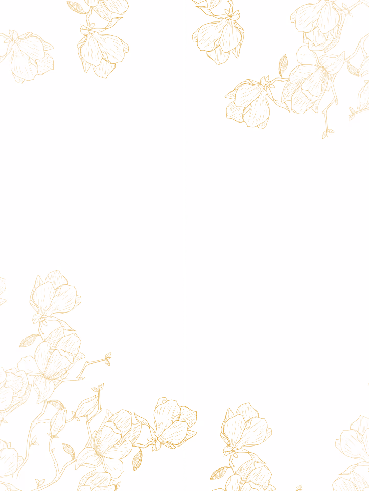 Delicate golden floral line drawings decorating the corners of a white background.
