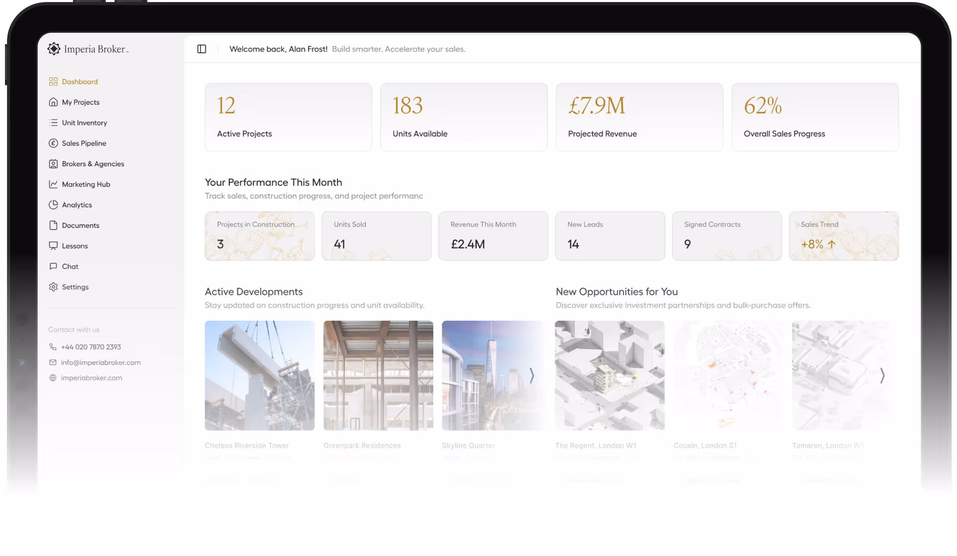 Dashboard screen of Imperia Broker showing active projects, units available, projected revenue, sales progress, monthly performance metrics, active developments with images, and new investment opportunities.