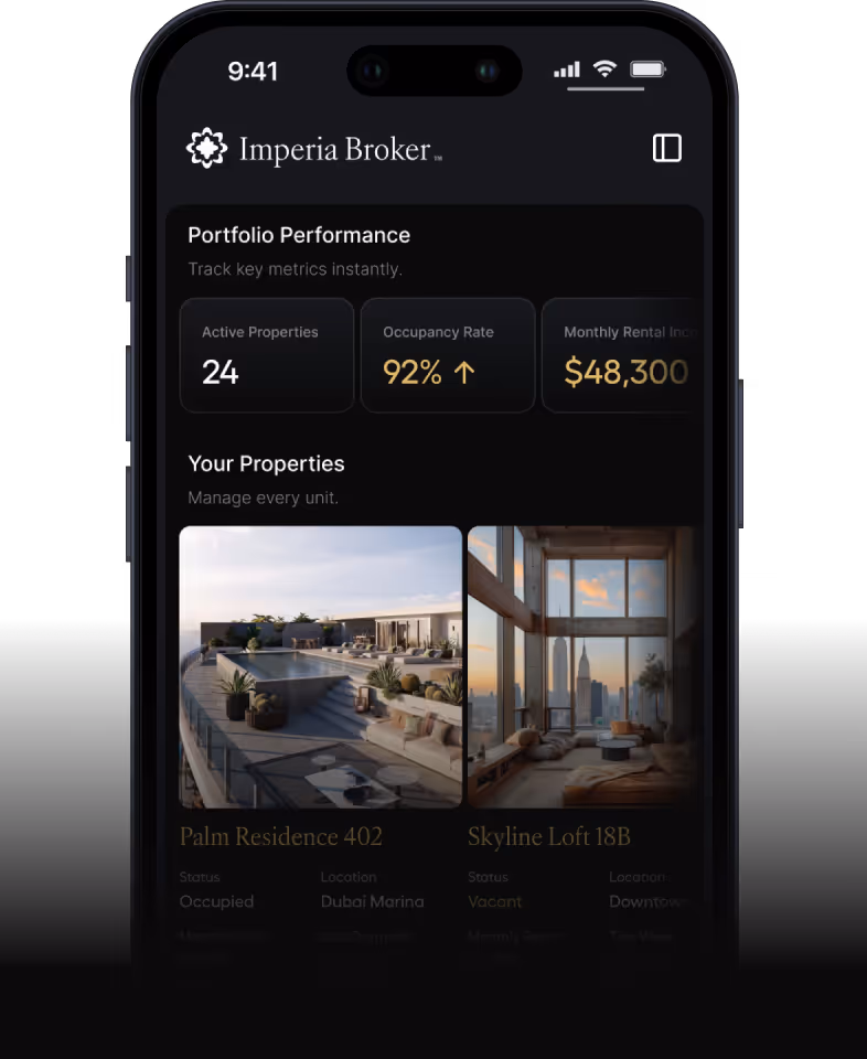 Mobile screen showing Imperia Broker app with portfolio performance metrics and images of properties Palm Residence 402 and Skyline Loft 18B.