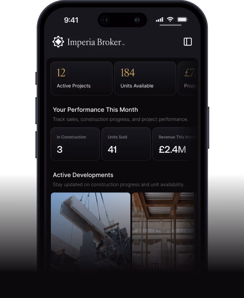 Mobile screen showing Imperia Broker app dashboard with active projects, units available, monthly performance, and photos of active construction developments.