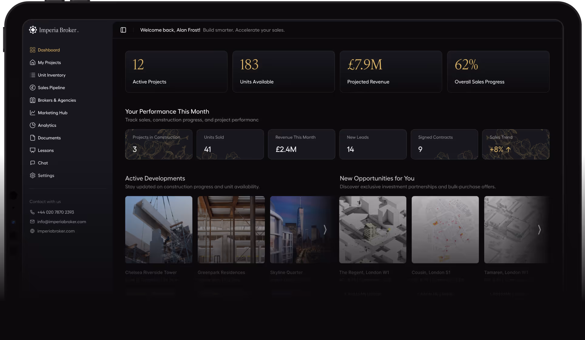 Dashboard interface for Imperia Broker showing active projects, sales stats, active developments, and new opportunities with navigation menu on the left.