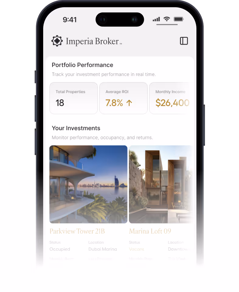 Mobile screen showing Imperia Broker app with portfolio performance: 18 properties, 7.8% average ROI, $26,400 monthly income, and investments including Parkview Tower 21B and Marina Loft 09.