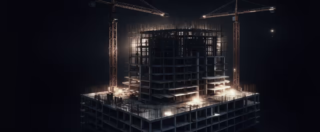 Night view of a high-rise building under construction illuminated by bright lights with two tower cranes on either side.