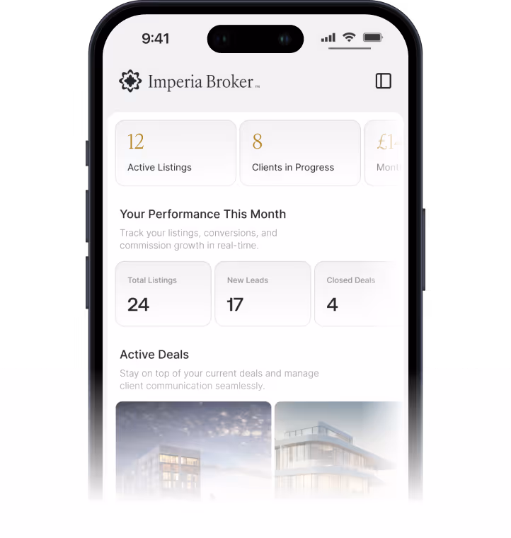 Smartphone screen showing Imperia Broker property search app with map view of listings around river and city streets, highlighting secondary properties priced around £465k.