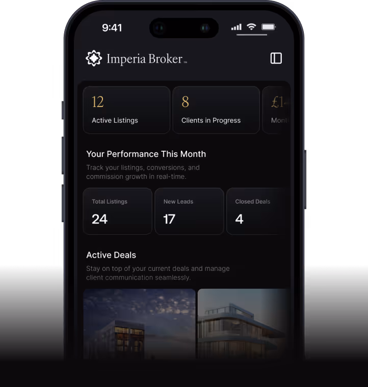 Mobile screen showing Imperia Broker property search app with map view highlighting property listings around a river area.