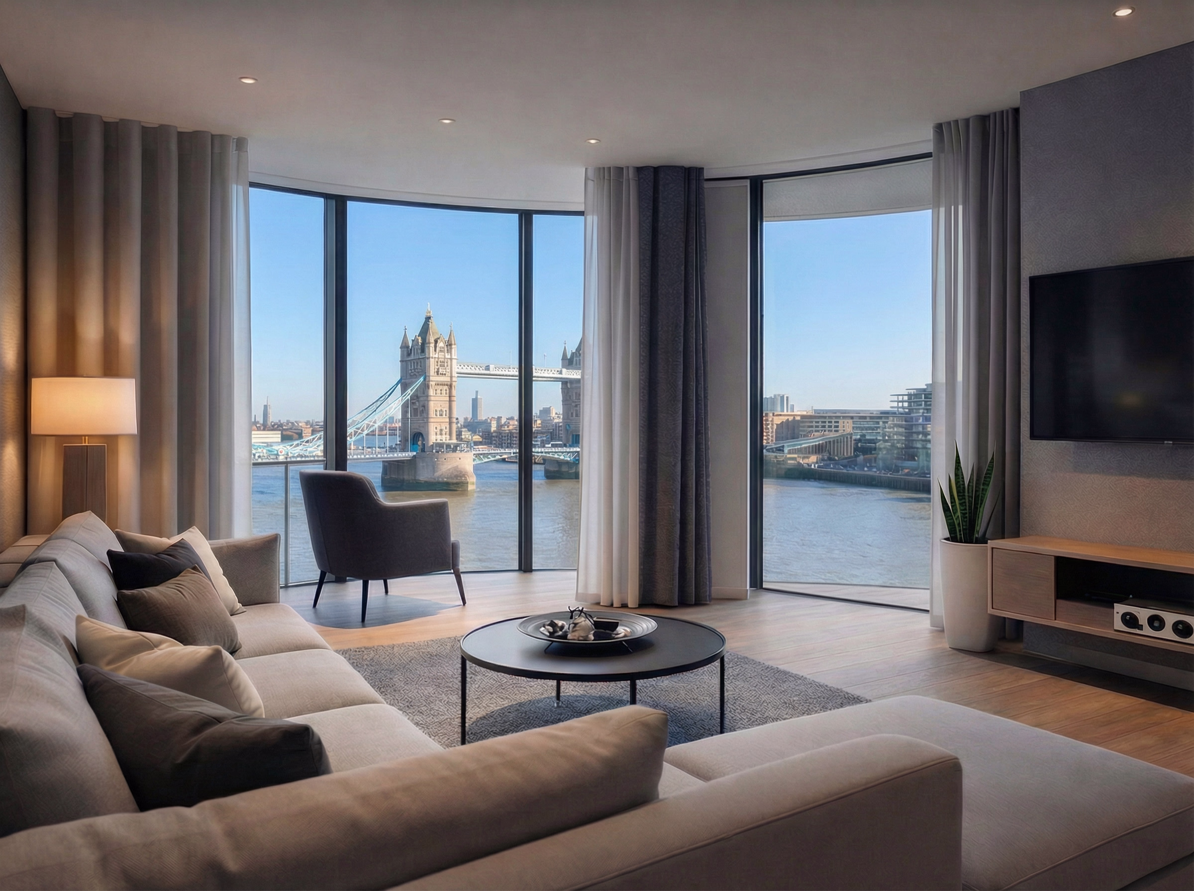 Modern living room with large curved windows offering a view of Tower Bridge over the River Thames in London.