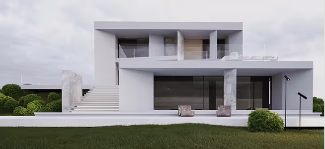 Modern two-storey house with white exterior, large windows, outdoor seating, and surrounding greenery under a cloudy sky.