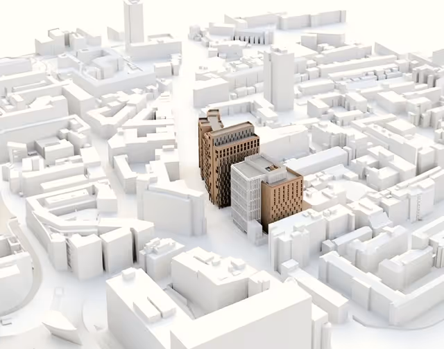 Dark toned miniature city model featuring curved highways and cylindrical buildings.