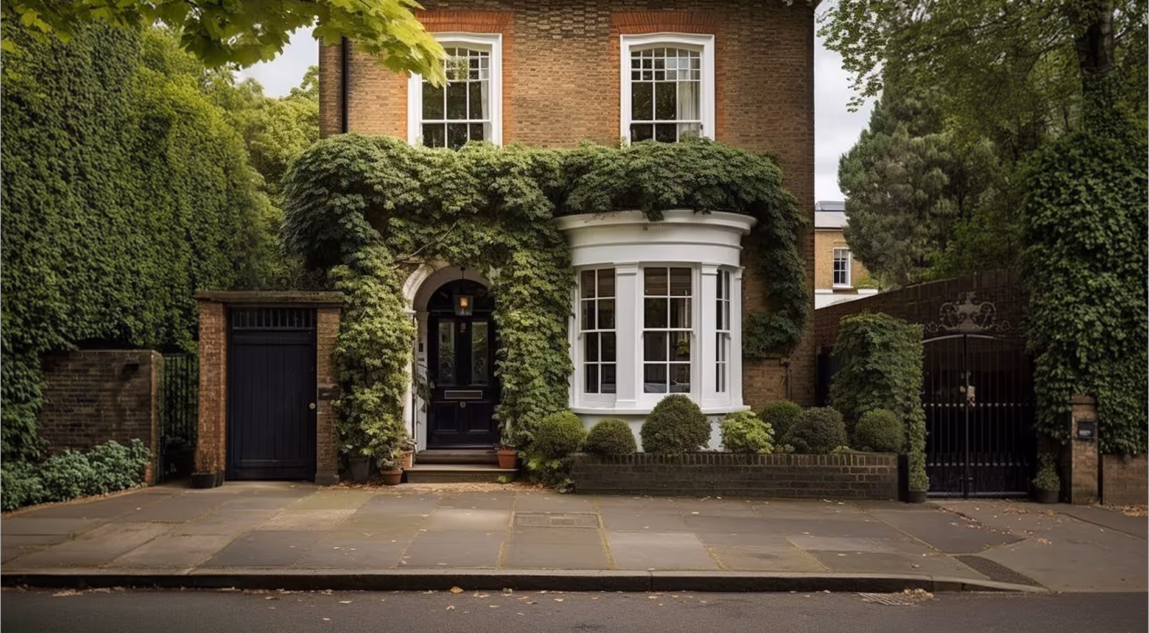 Traditional brick house with a black door surrounded by green ivy and neatly trimmed bushes under two upper windows.
