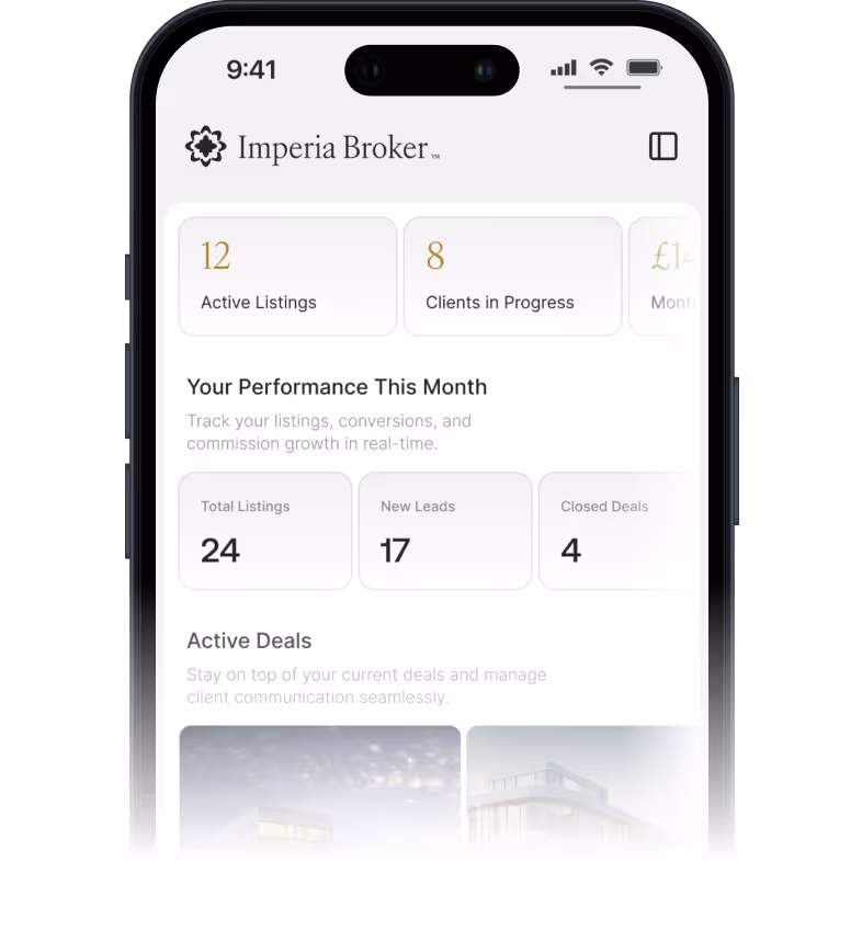 Mobile phone screen displaying Imperia Broker app dashboard showing 12 active listings, 8 clients in progress, 24 total listings, 17 new leads, and 4 closed deals this month.