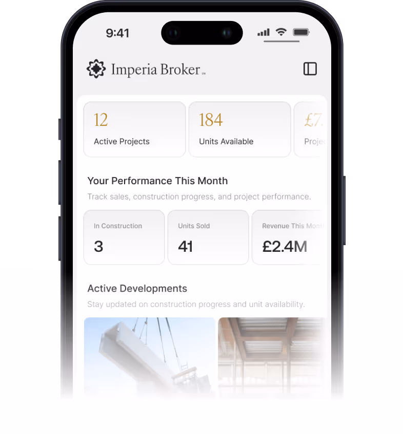 Mobile screen showing Imperia Broker app dashboard with active projects, units available, performance metrics, and images of construction developments.