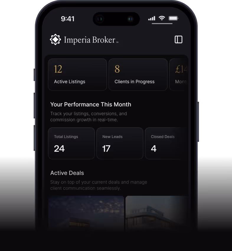 Mobile app screen of Imperia Broker dashboard showing performance metrics: 12 active listings, 8 clients in progress, 24 total listings, 17 new leads, and 4 closed deals.