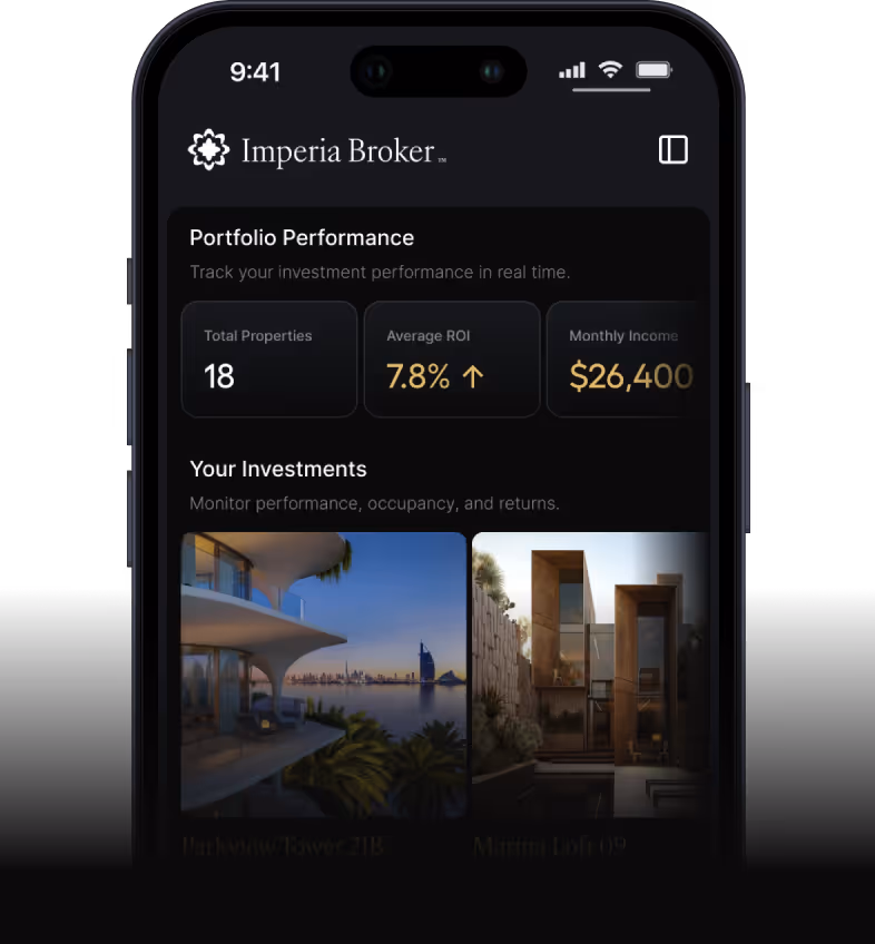 Mobile screen showing Imperia Broker app portfolio summary with 18 properties, 7.8% average ROI, $26,400 monthly income, and images of Parkview Tower 21B and Marina Loft 09 investments.