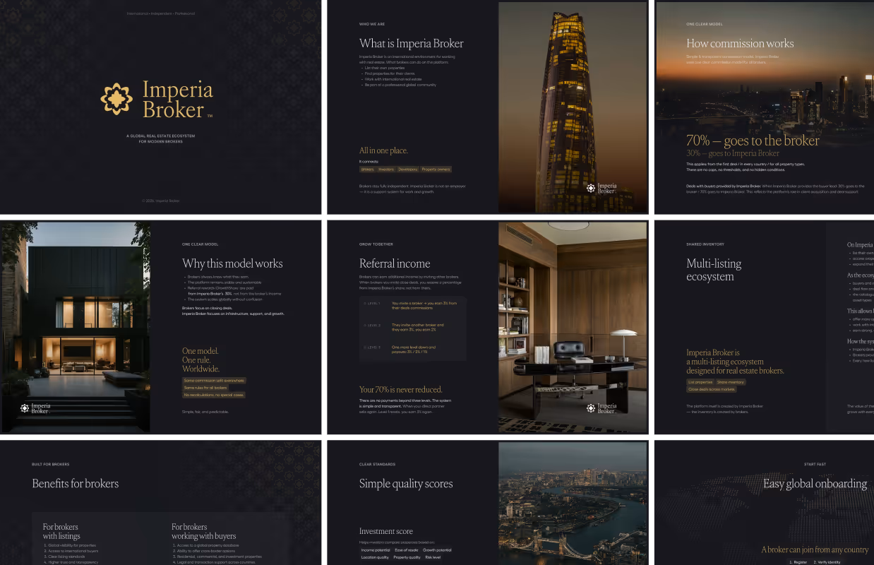 Imperia Broker promotional brochure displaying real estate service details, team information, digital tools, and global market reach with images of professionals and cityscapes.