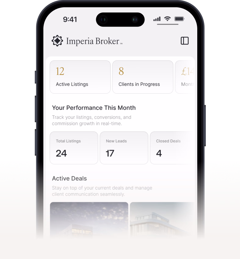 Mobile screen showing Imperia Broker app with portfolio performance including 18 properties, 7.8% ROI, $26,400 monthly income, and images of Parkview Tower 21B and Marina Loft 09 investments.