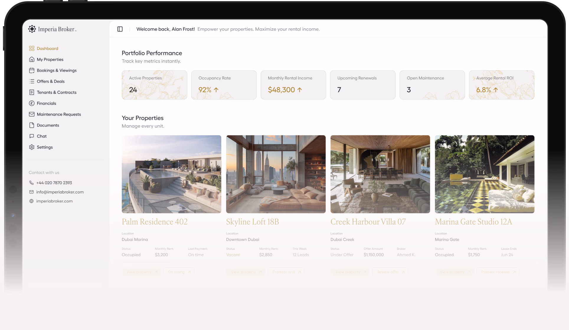 Portfolio dashboard showing property performance metrics and four luxury Dubai properties with images and details.