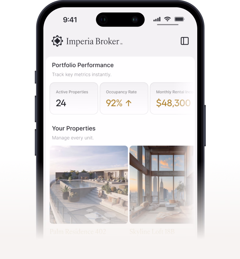 Mobile screen showing Imperia Broker app with portfolio performance summary and images of two properties: Palm Residence 402 in Dubai Marina and Skyline Loft 18B in Downtown.