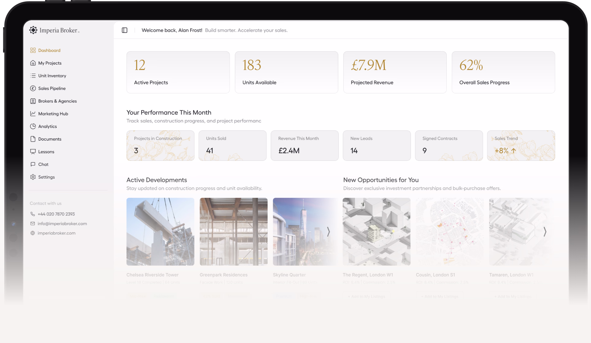Dashboard interface of Imperia Broker showing active projects, units available, projected revenue, sales progress, monthly performance metrics, active developments with images, and new investment opportunities.