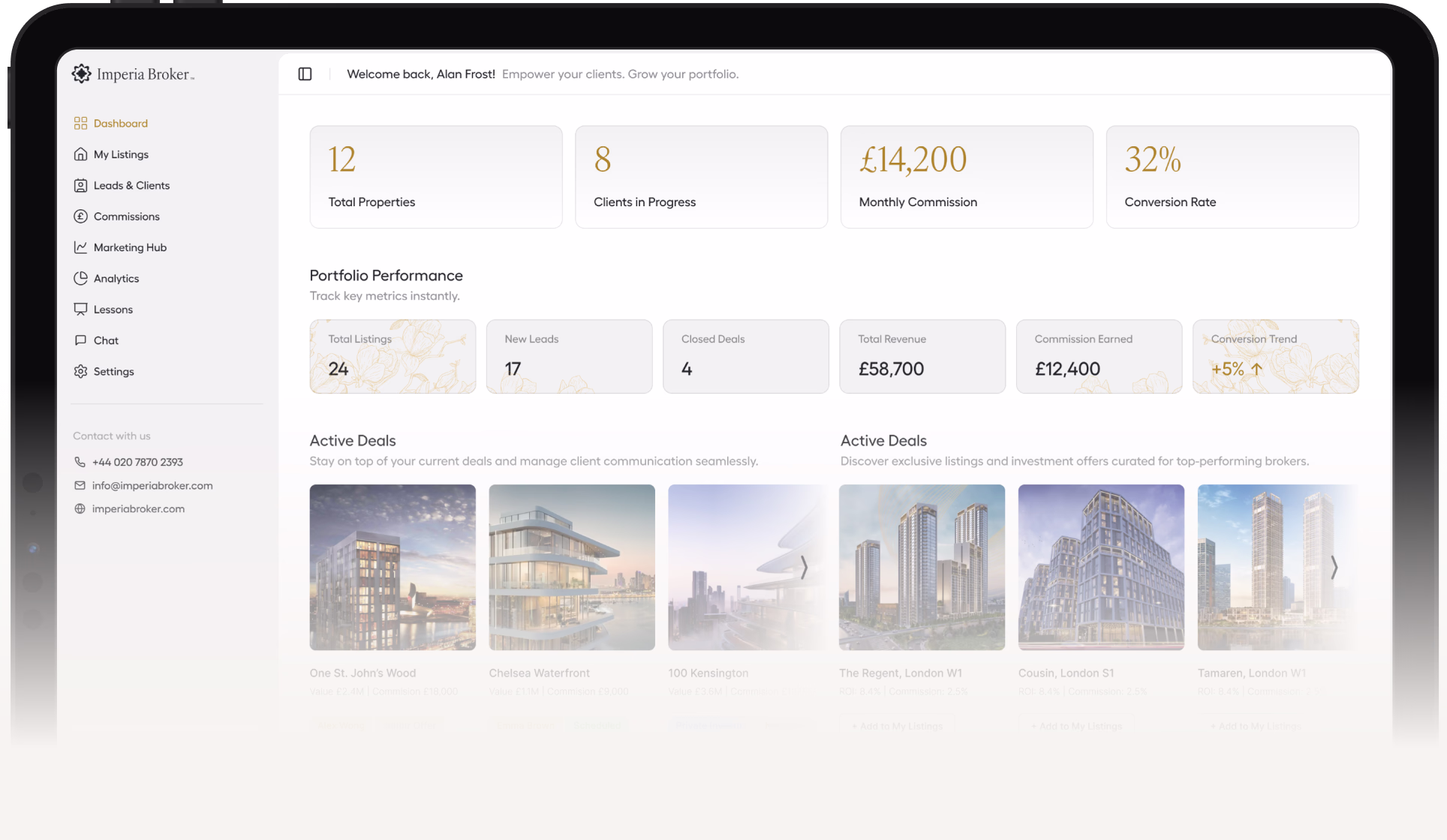 Dashboard interface of Imperia Broker showing real estate stats including total properties, clients in progress, monthly commission, and conversion rate, with sections for portfolio performance and active property deals.