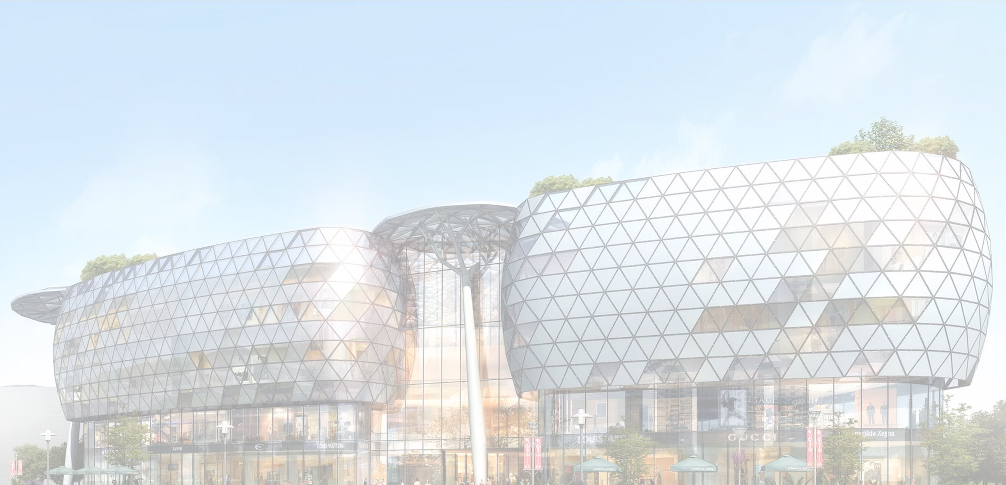 Modern shopping centre with geometric glass facade, rooftop greenery, and luxury brand stores visible.