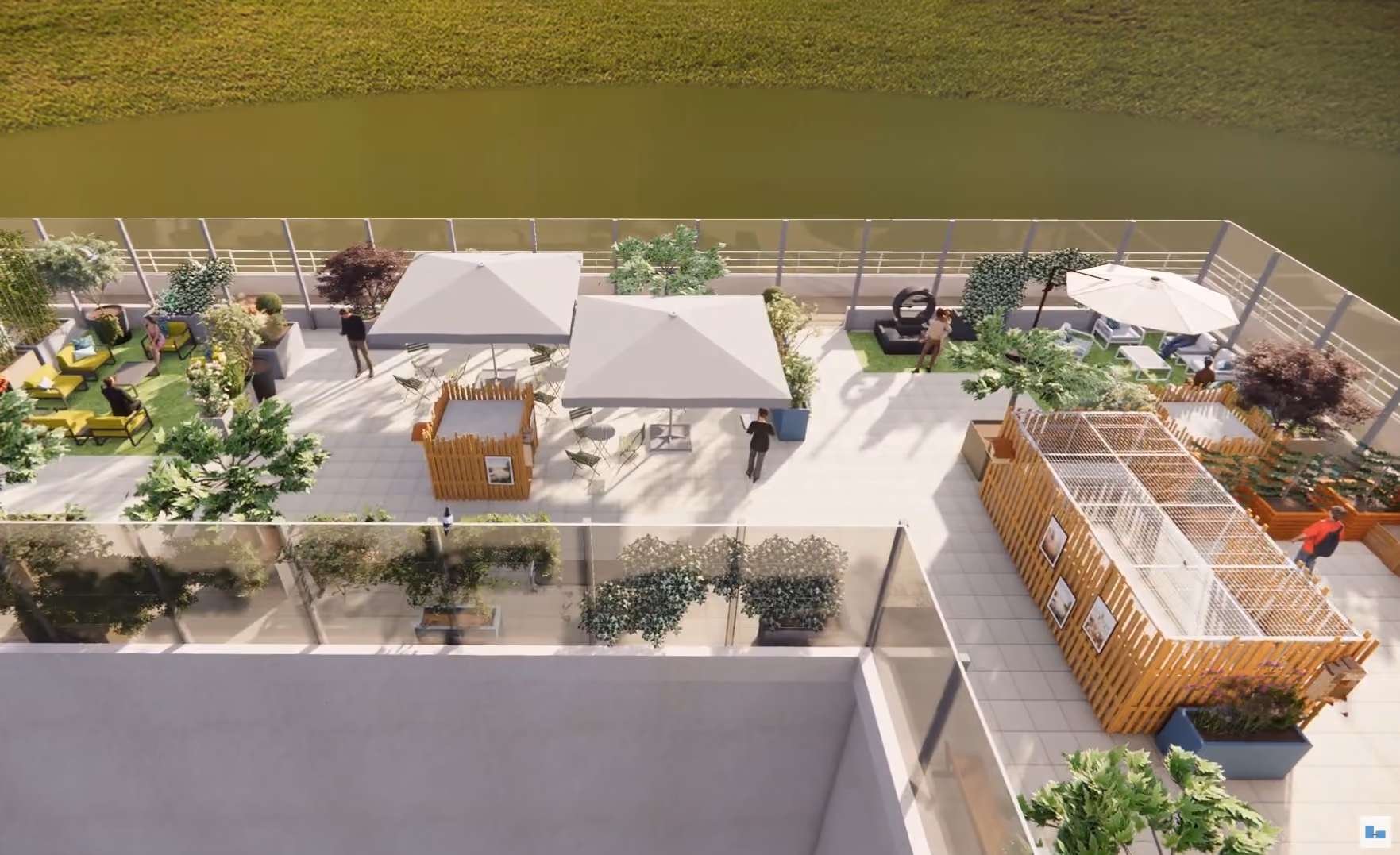 Plan 3D montrant la future terrasse des soins palliatifs avec de la verdure, des fauteuils pour s'asseoir, des parasols...