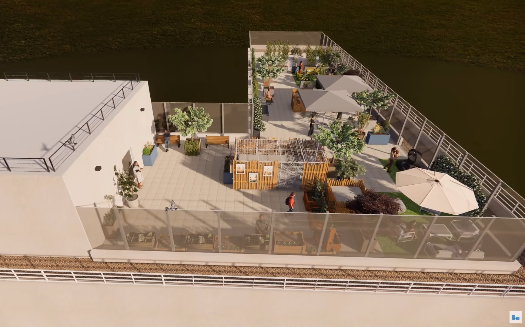 Plan 3D montrant la future terrasse des soins palliatifs avec de la verdure, des fauteuils pour s'asseoir, des parasols...