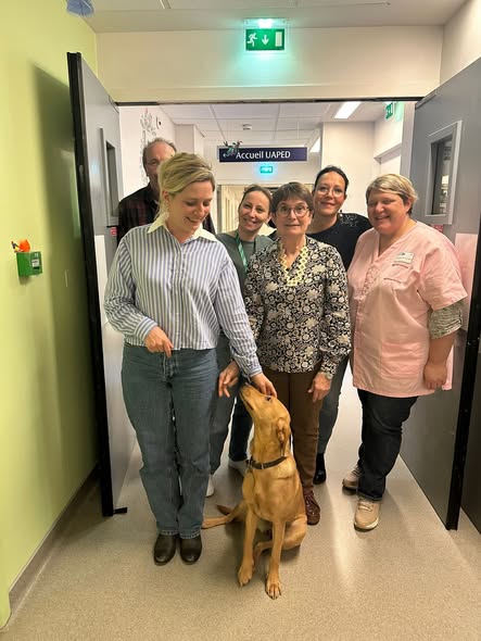 Image d'un chien assis entouré de personnel hospitalier du CHU de Besançon