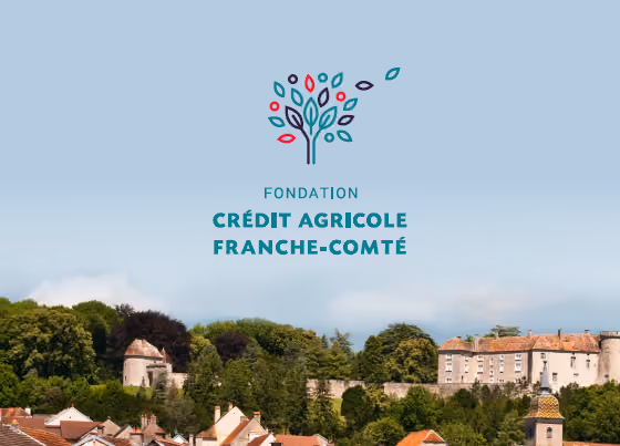 Première page du rapport d'activit" de la Fondation Crédit Agricole Franche-Comté avec au premier plan une femme de dos marchant dans de l'herbe tenant la main d'un enfant et en arrière plan un village franc-comtois