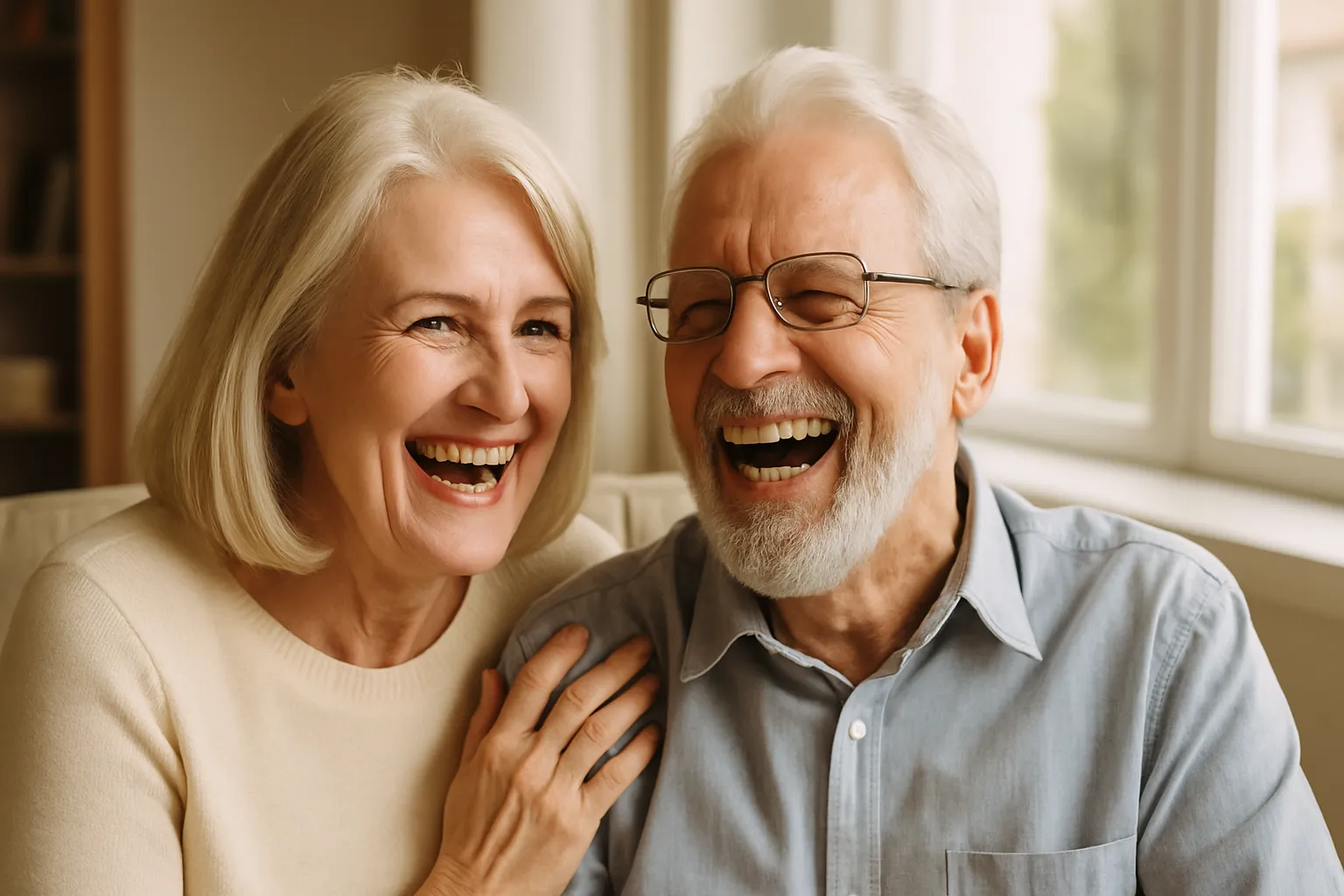 Elderly couple laughing together, joyful and connected near window