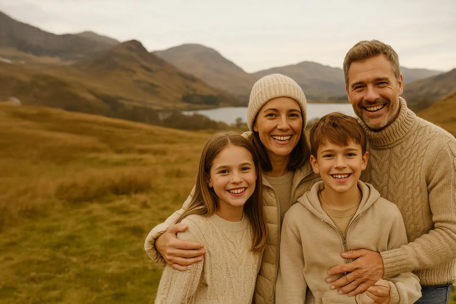 Happy family of four smiling together in scenic mountain landscape