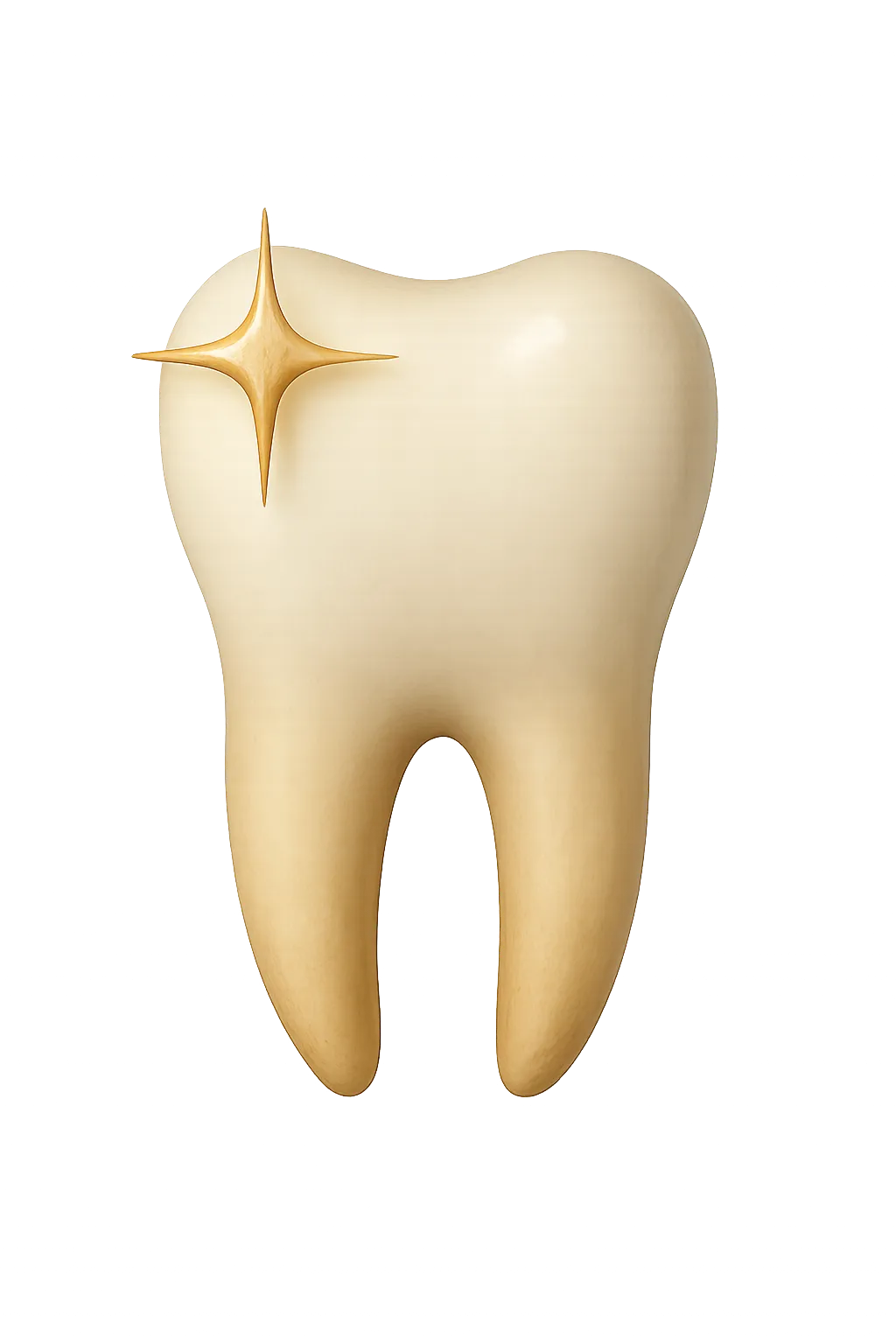Clean, shiny tooth with golden sparkle on white background