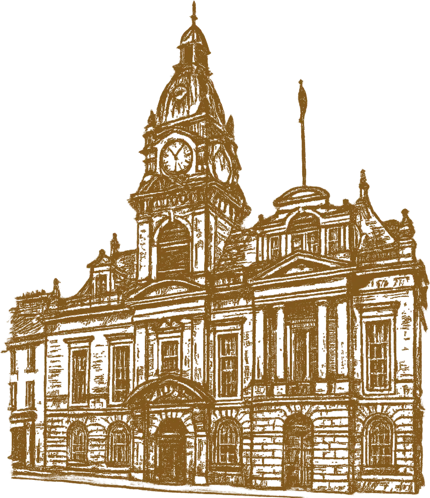 Historic town hall with ornate clock tower and architectural details
