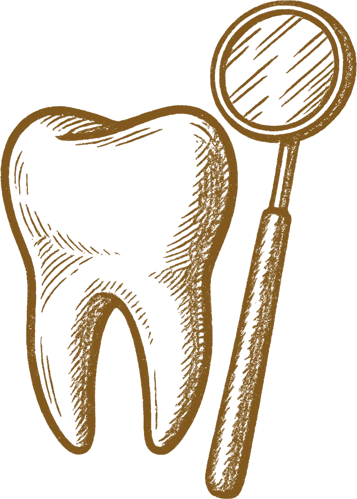 Tooth and dental mirror sketch in brown monochrome