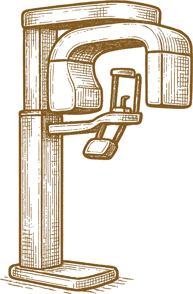 Vintage dental X-ray machine illustration in brown sketch style
