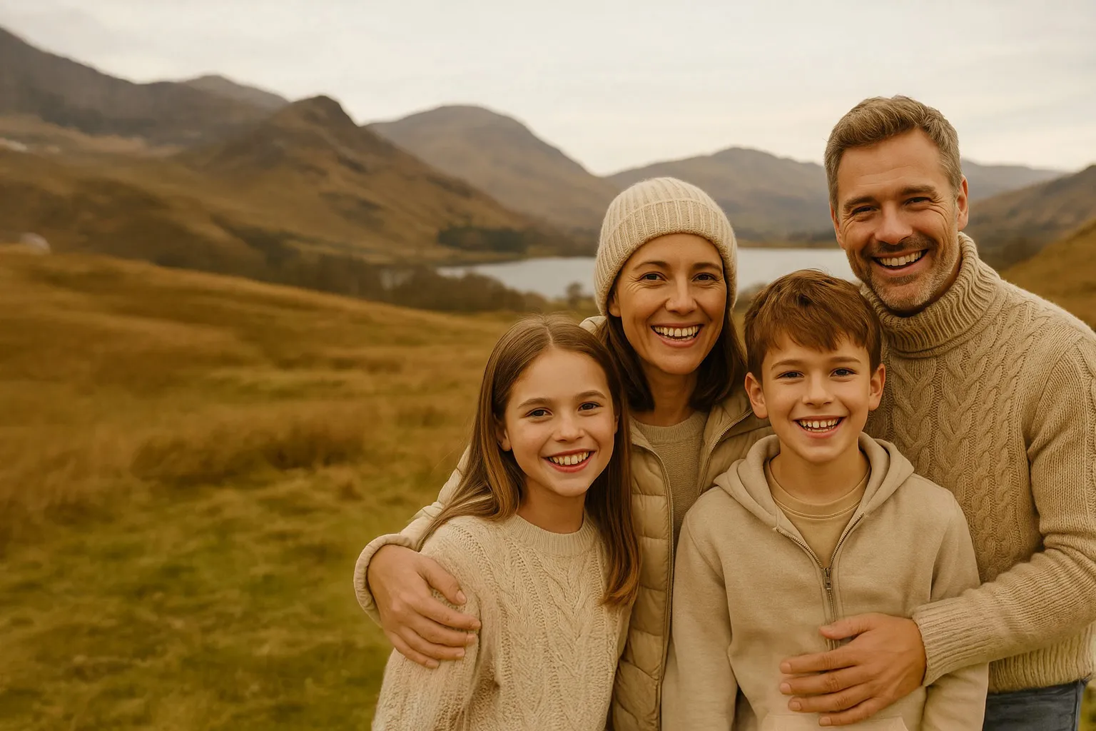 Family of four smiling together in autumn landscape with mountains and lake