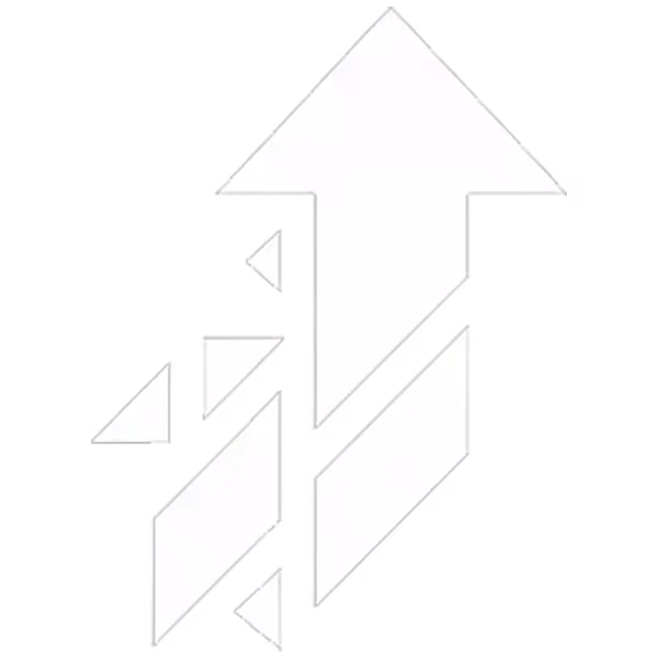 Geometric white line drawing of an upward-pointing abstract arrow