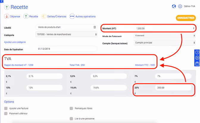 exemple saisie recette avec tva association sur assoconnect