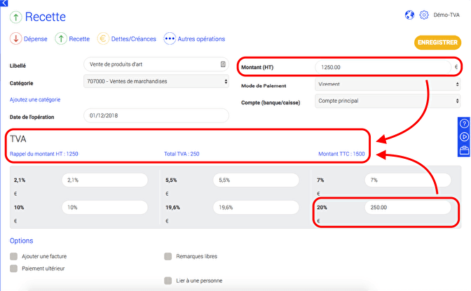 exemple saisie recette avec tva association sur assoconnect